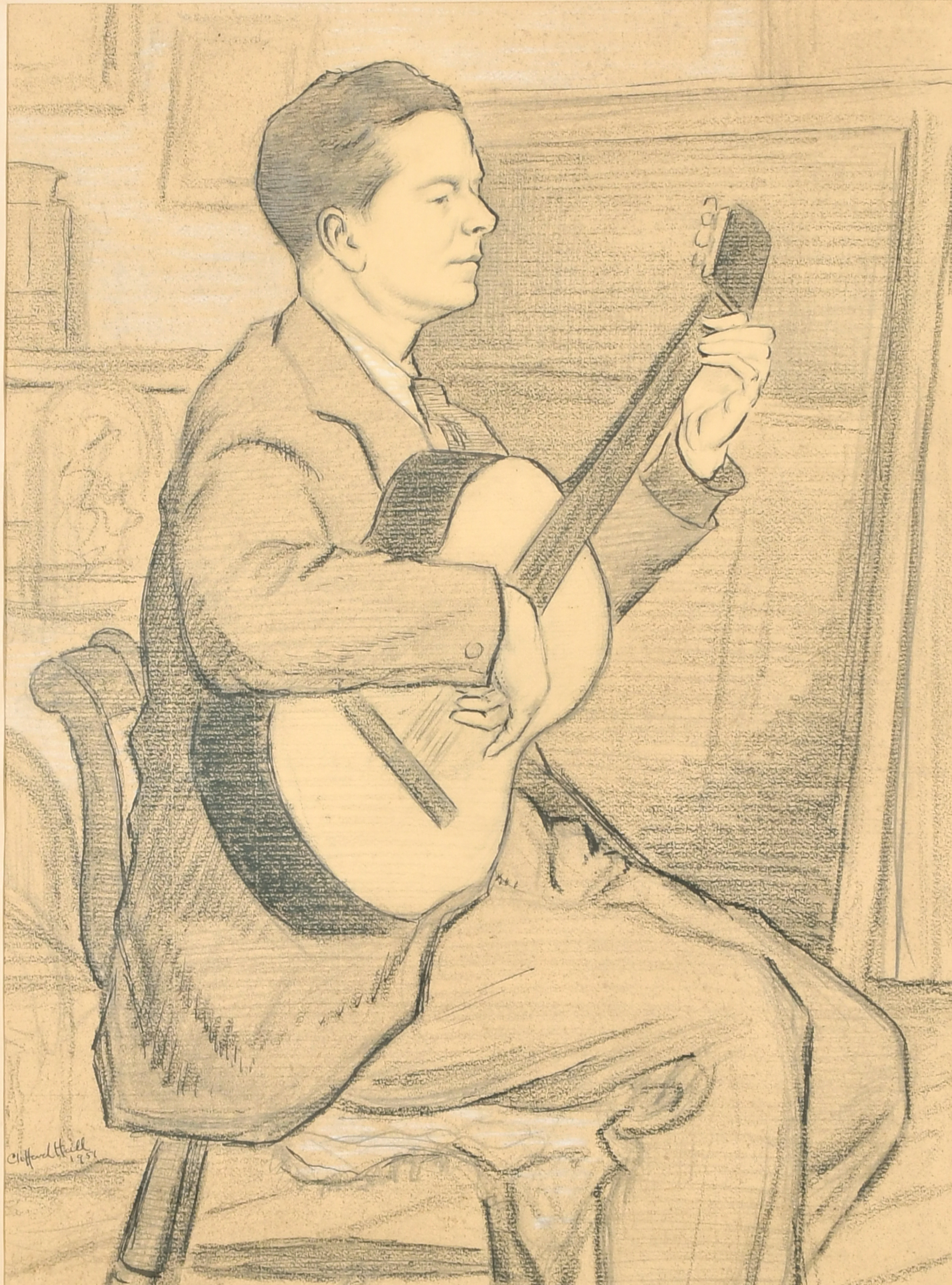 Clifford Hall (1904-1973) British. The Artist F.B.C. Bravington playing the Guitar