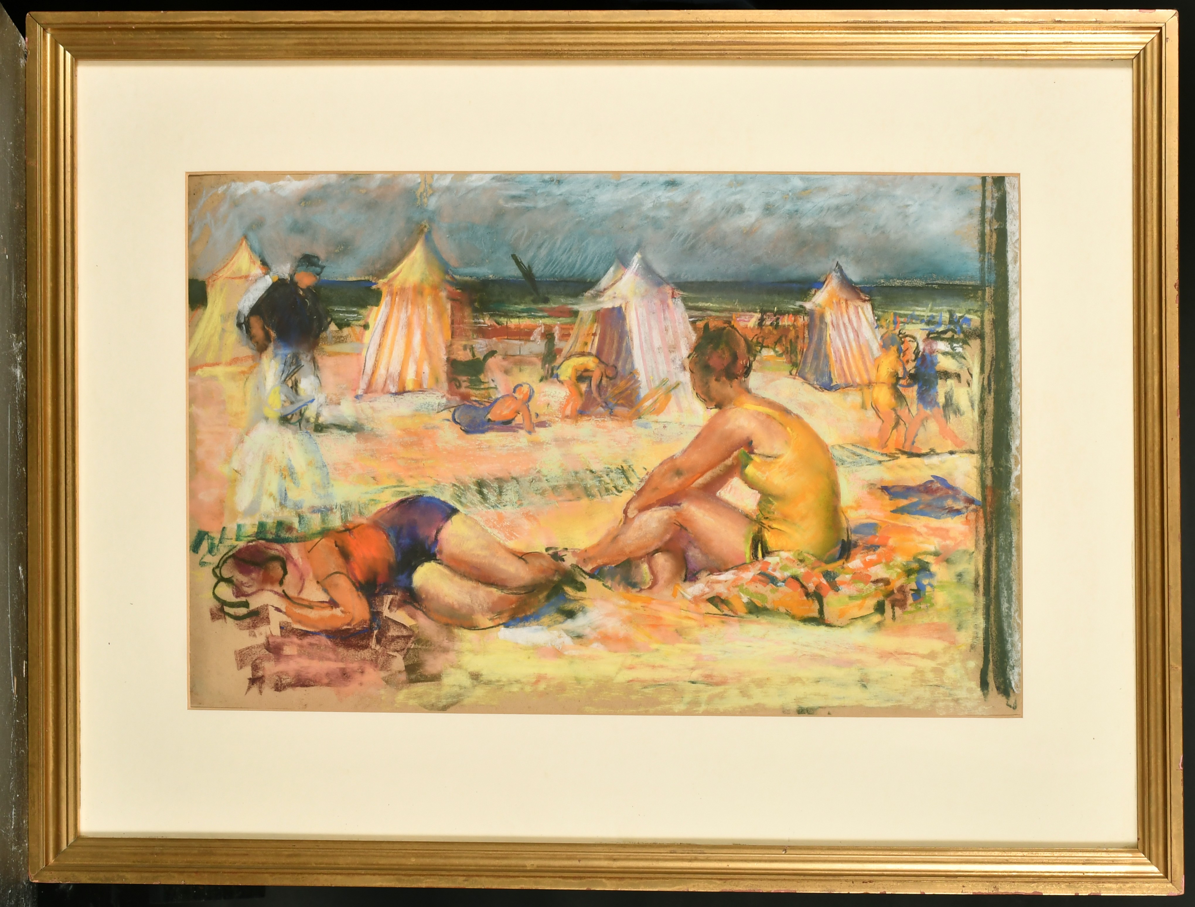 James Arden Grant (1887-1974) British. A Beach Scene with Figures, Pastel, Inscribed on a label - Image 2 of 4