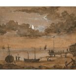 19th Century English School. A Moonlit Beach Scene, Watercolour, 4.75" x 5.75" (10.8 x 13.3cm)