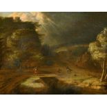 17th Century Dutch School. A Windswept Wooded Landscape with Figures, Oil on Canvas, 11.75" x 13.75"
