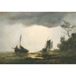 William Adolphus Knell (1802-1875) British. Beached Boats with Stormy Skies, Oil on Canvas,