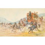 Ernest Henri Griset (1844-1907) French. "Indians Attacking a Stagecoach", Watercolour, Signed, and