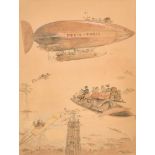 Albert Robida (1848-1926) French. Parisian Modes of Aviation, Watercolour and Ink, Signed, 16" x 12"
