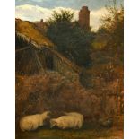 James Clarke Hook (1819-1907) British. Sheep Resting by a Thatched Barn with a Robin Redbreast on