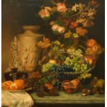 George Lance (1802-1864) British. Still Life of Fruit, Flowers, Wine Decanter and Jug, Oil on