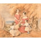 19th Century English School. Study of Four Girls in a Landscape, Watercolour, Indistinctly Signed