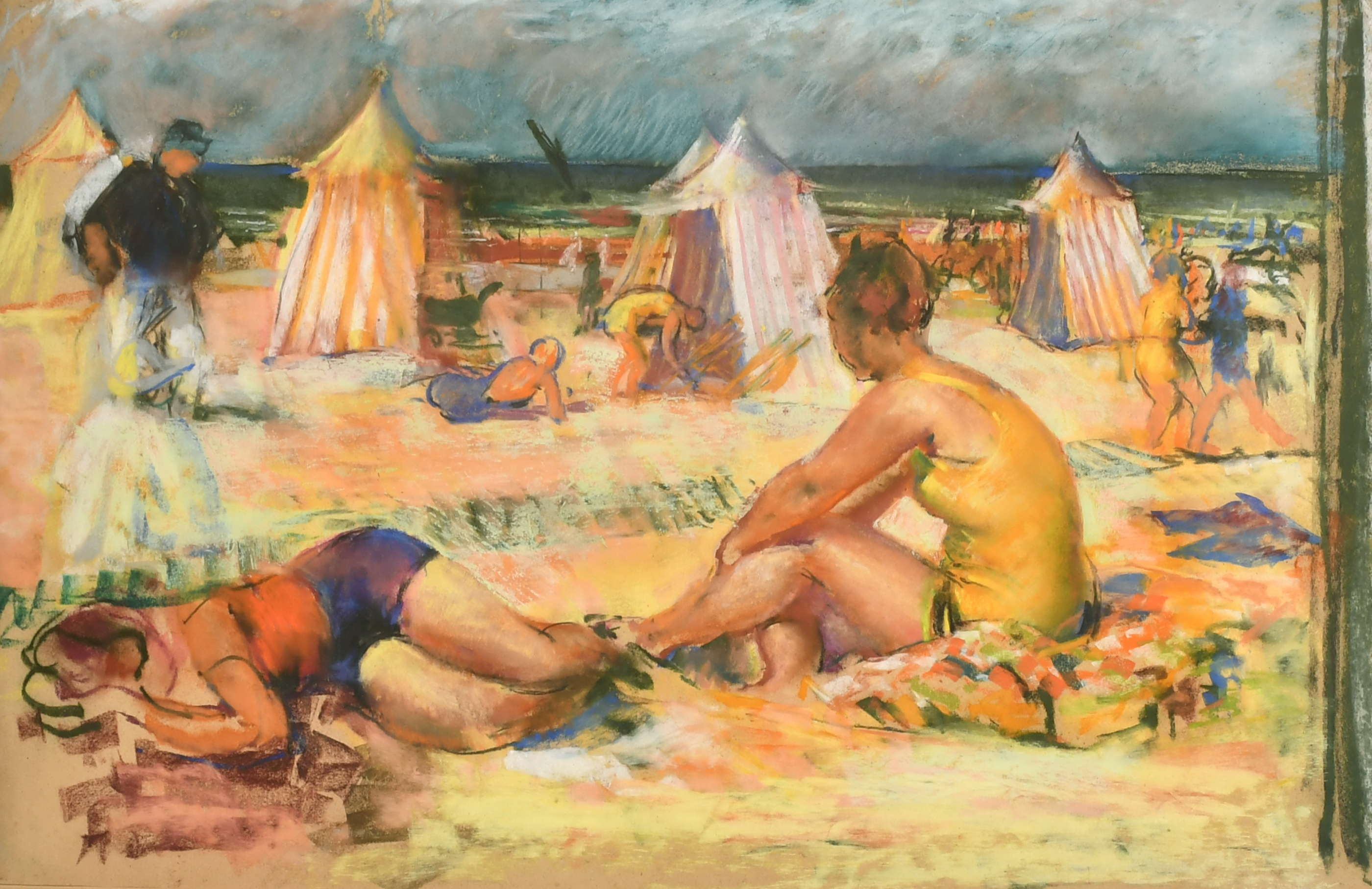 James Arden Grant (1887-1974) British. A Beach Scene with Figures, Pastel, Inscribed on a label