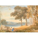 George Barrett (c.1767-1842) British. An Italianate Landscape with Figures in the foreground,