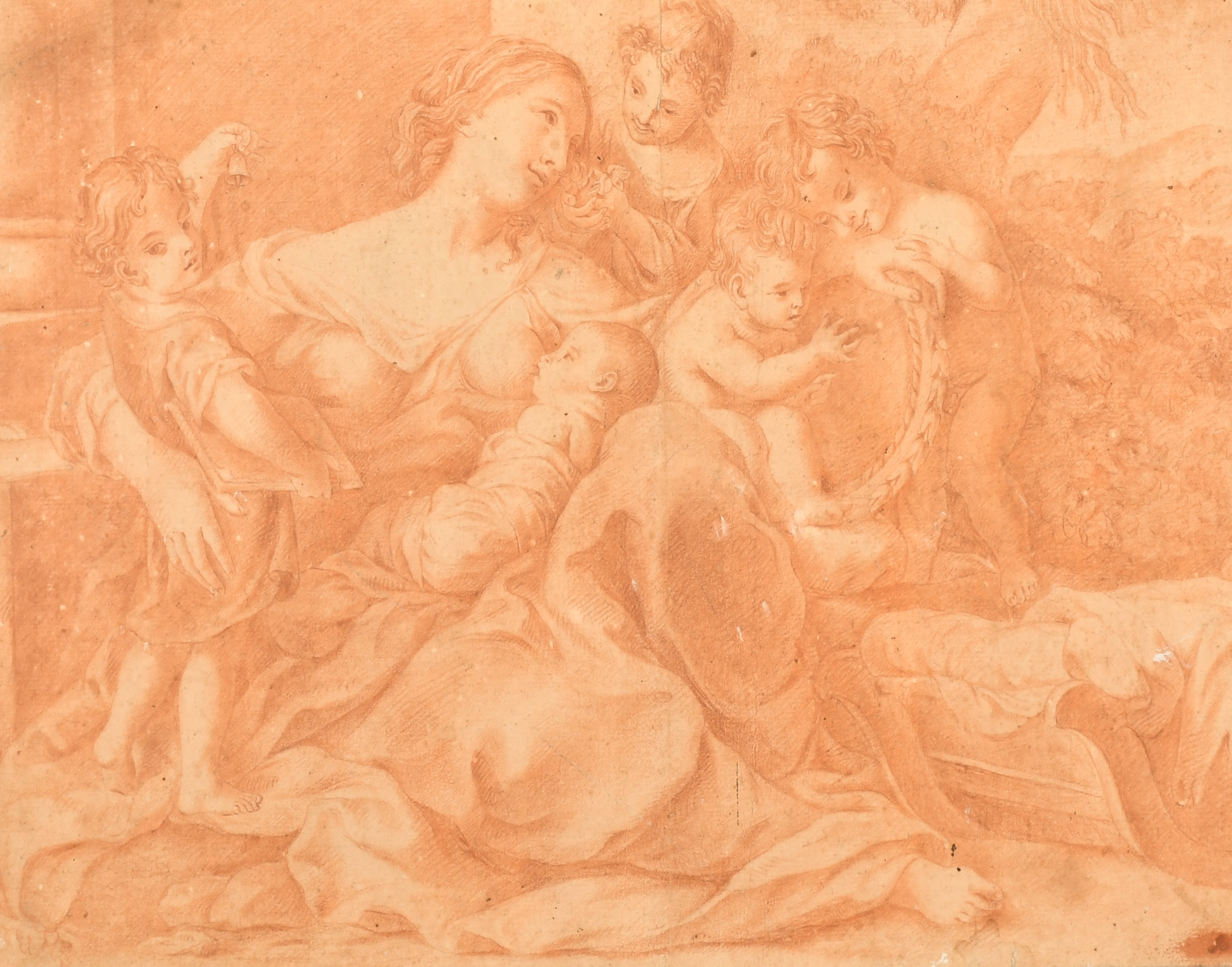 After Carlo Cignani (1628-1719) Italian. "Caritas", Sanguine, with Collector's Mark 'R', Inscribed