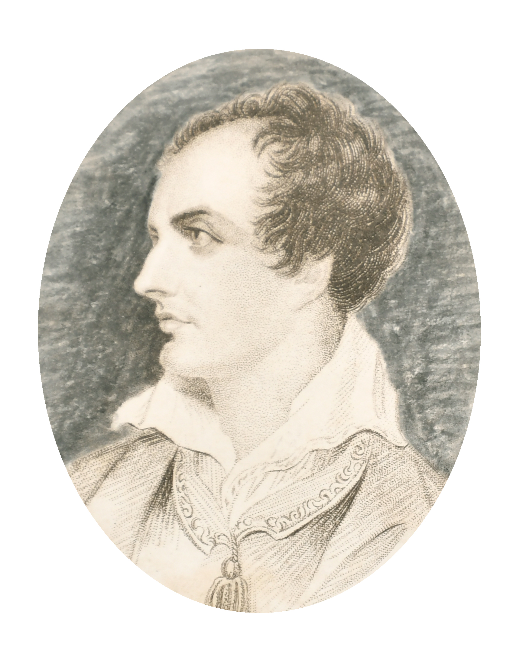 Early 19th Century English School. "Lord Byron", Watercolour on a Print base, Unframed 4.5" x 3.