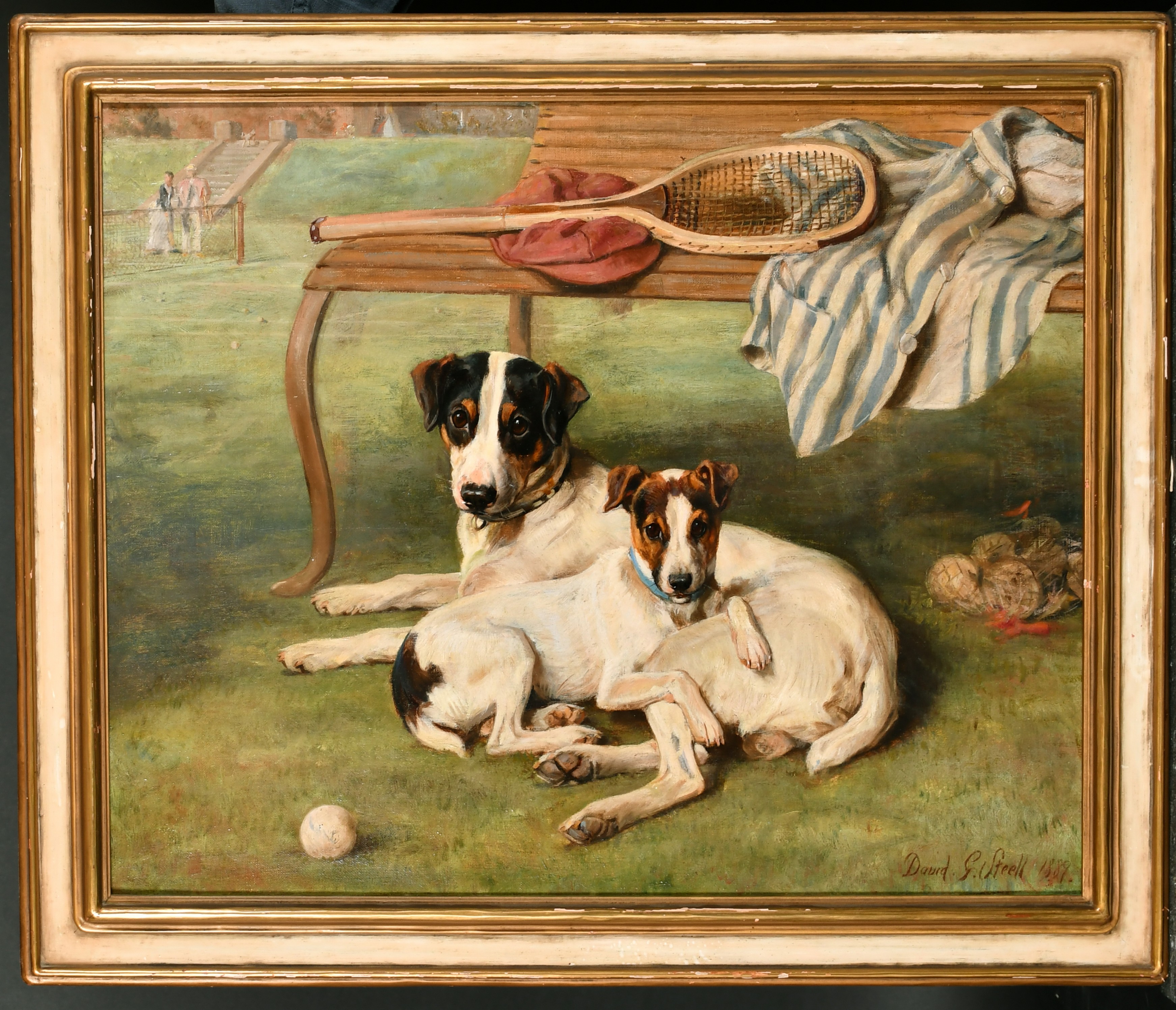 David Gourlay Steell (1819-1894) British. Terriers Resting by a Bench with Tennis Racquet and