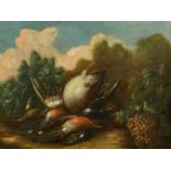 18th Century Italian School. Still Life of Dead Game in a Landscape, Oil on Canvas, 14.25" x 18" (
