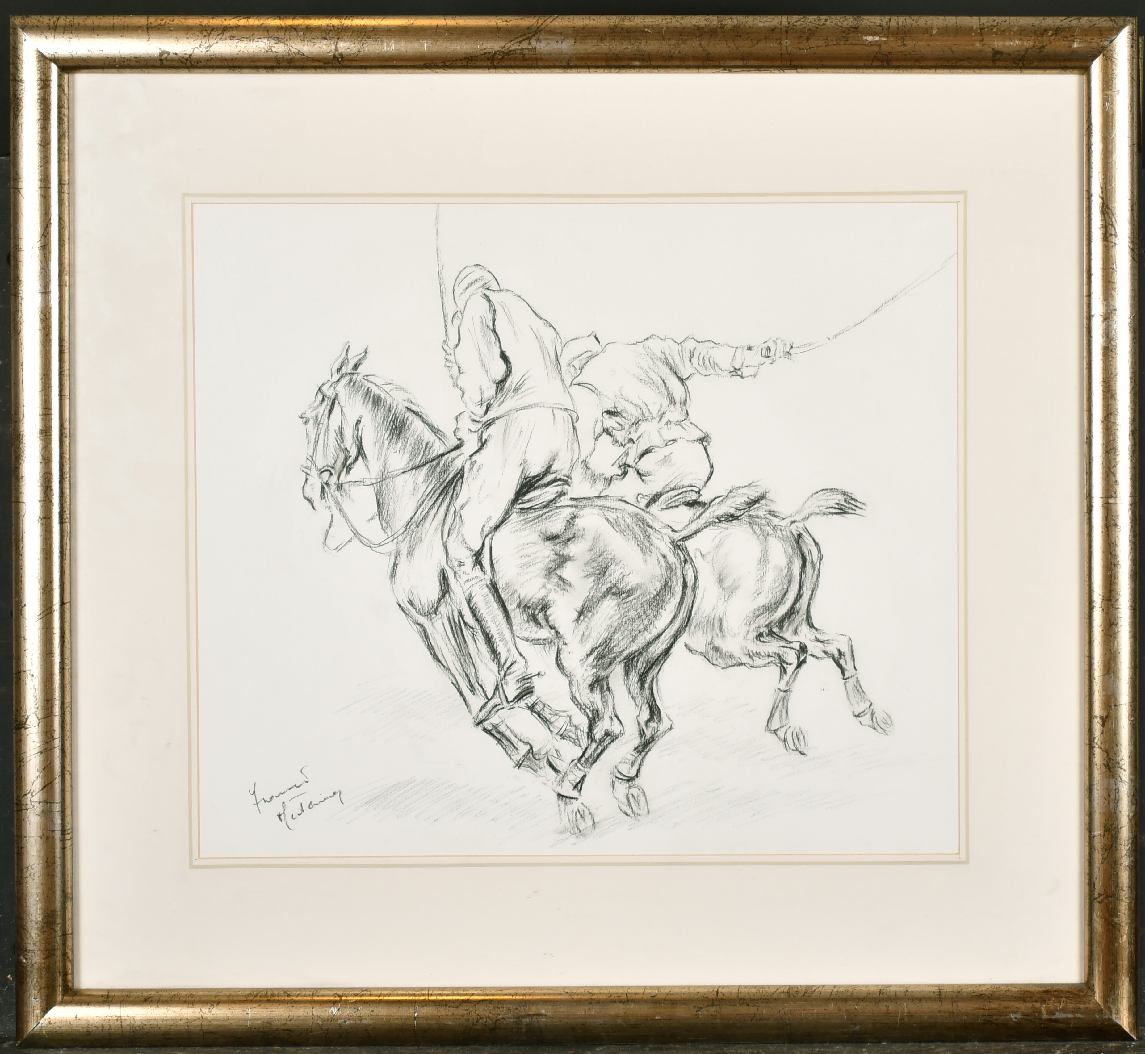 Franco Matania (1922-2006) Italian. Polo Players on Horseback, Charcoal, Signed, 14" x 17" (35.5 x - Image 2 of 4