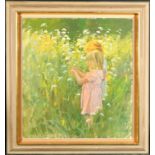 Gustav Carlstrom (1896-1964) Swedish. Two Young Girls Picking Flowers, Oil on Canvas, Signed, 32"