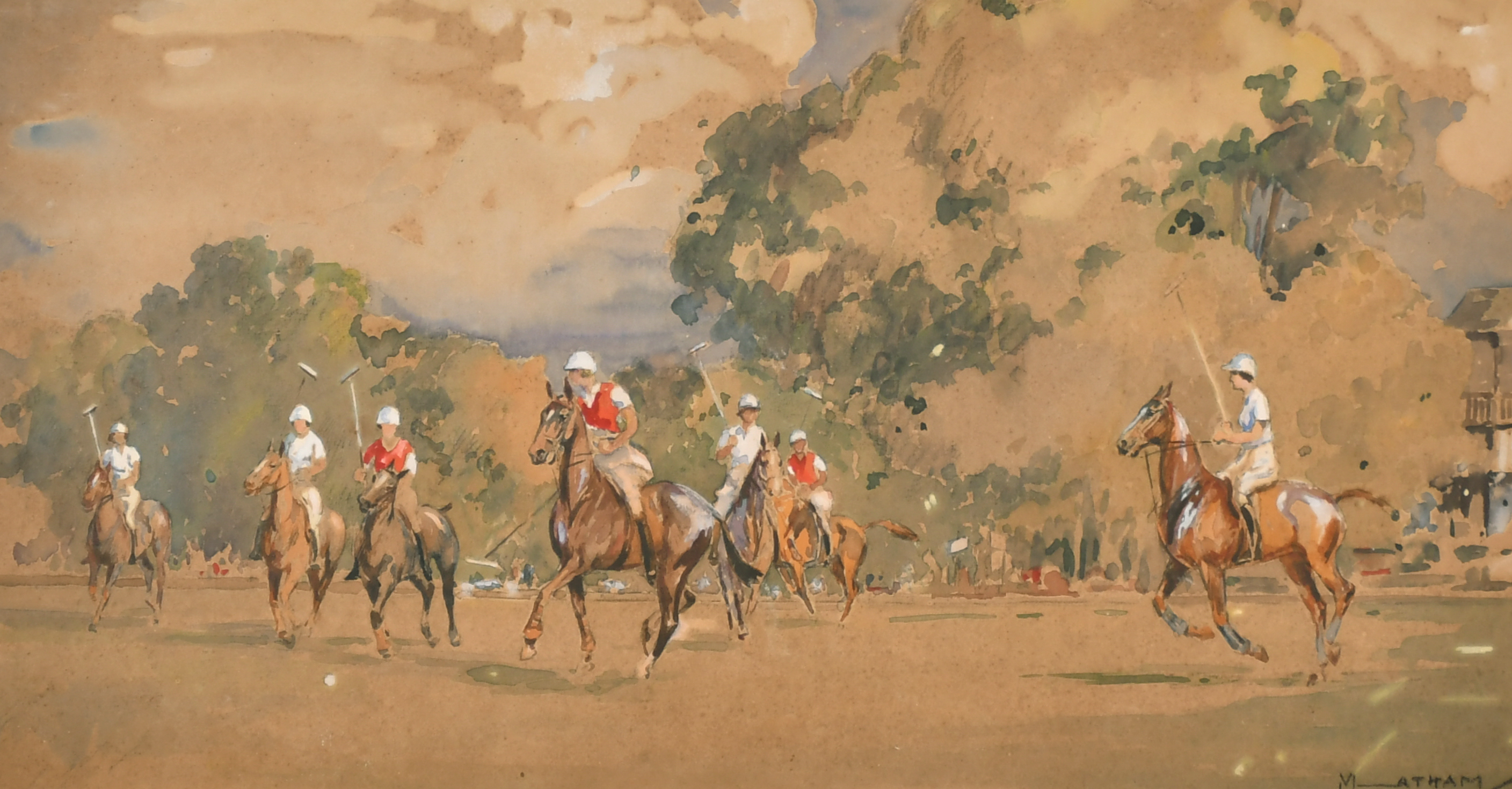 Molly Maurice Latham (c.1900-1987) British. "Ladies Polo", Watercolour and Gouache, Signed, and