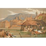 Samuel Prout (1783-1852) British. 'Geneva', Figures in Boats in a Continental Harbour,