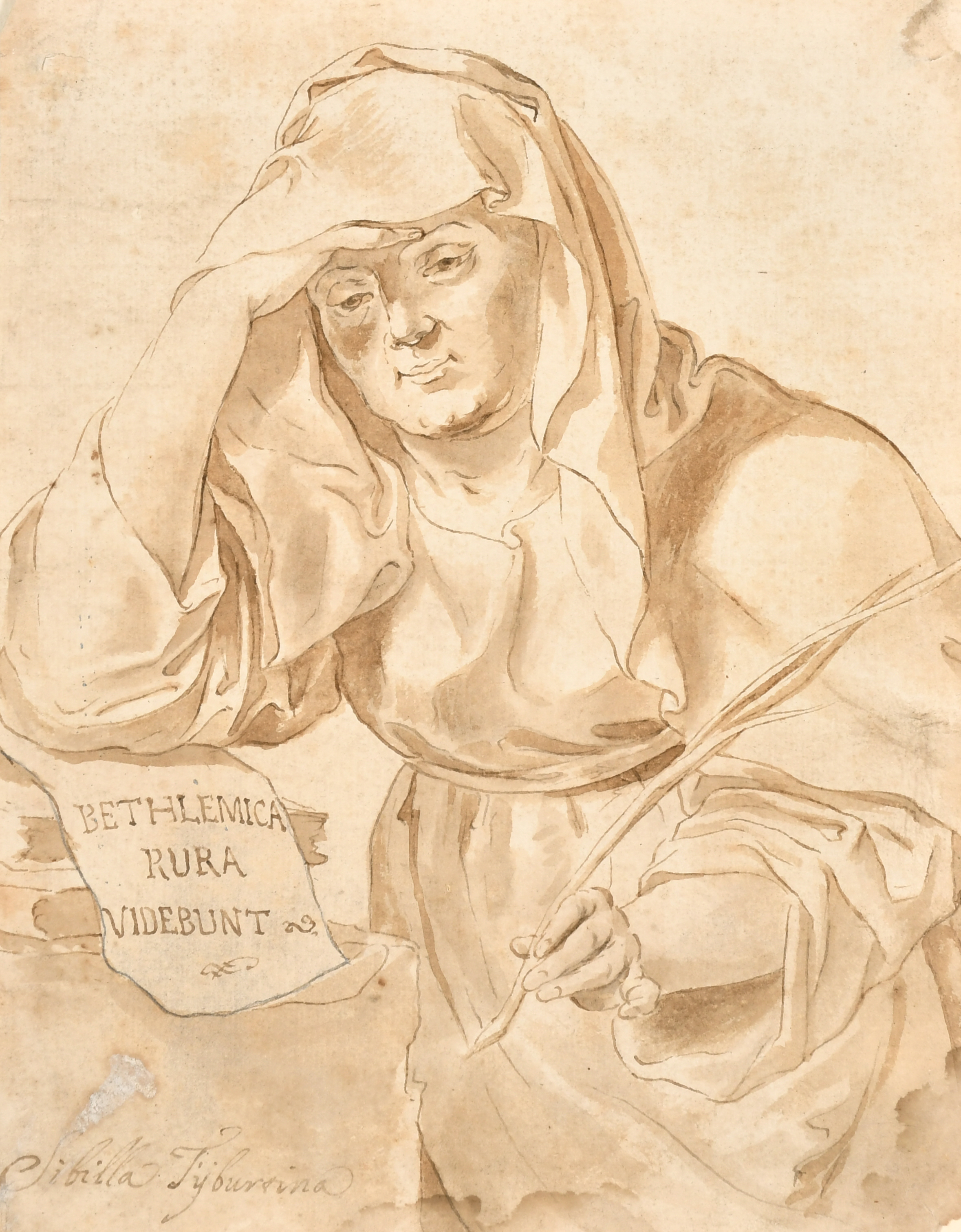 18th Century Italian School. "Sibilla Tyburrina", Ink and Wash, Inscribed, Unframed 9.75" x 7.75" (