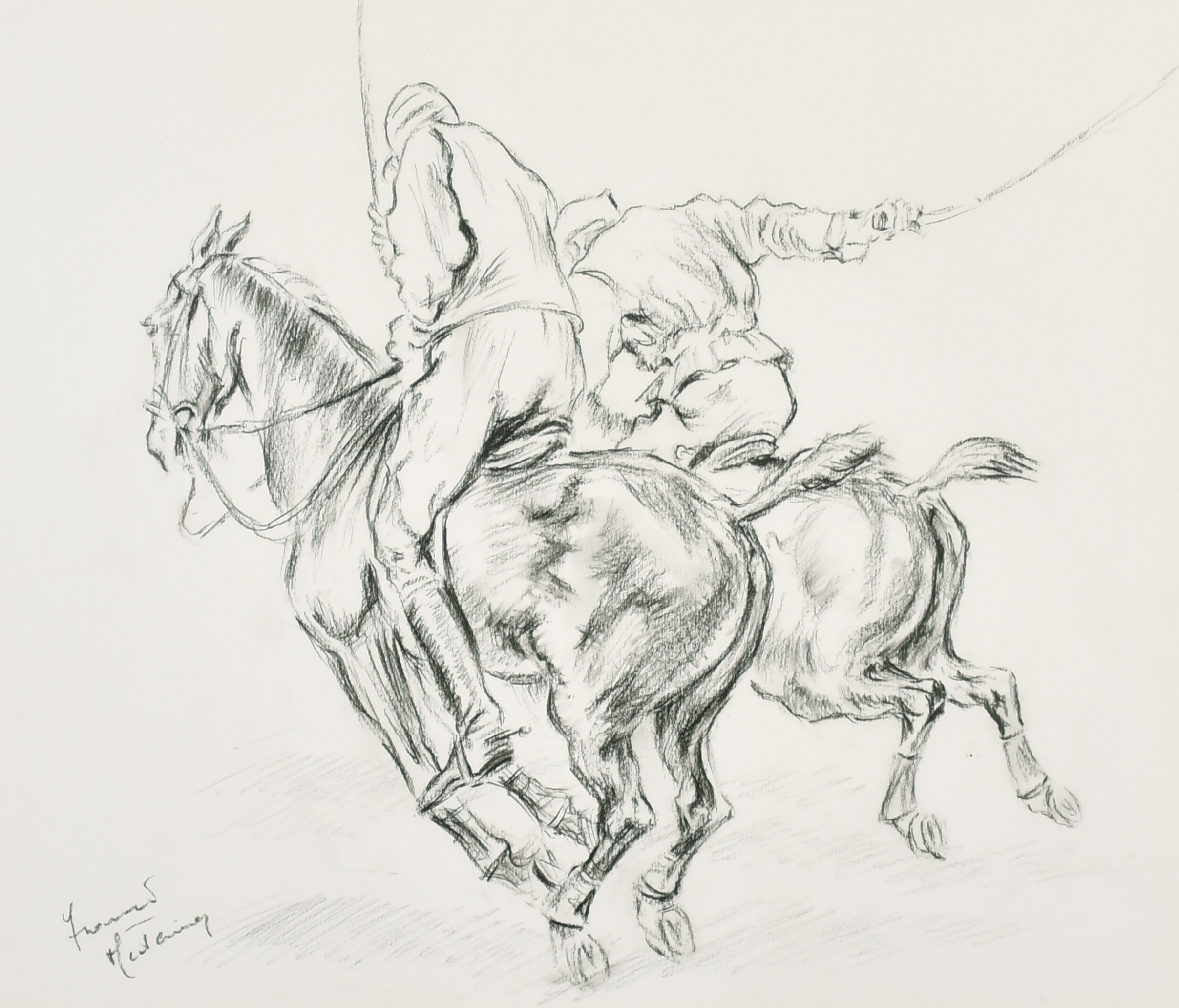 Franco Matania (1922-2006) Italian. Polo Players on Horseback, Charcoal, Signed, 14" x 17" (35.5 x