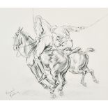 Franco Matania (1922-2006) Italian. Polo Players on Horseback, Charcoal, Signed, 14" x 17" (35.5 x