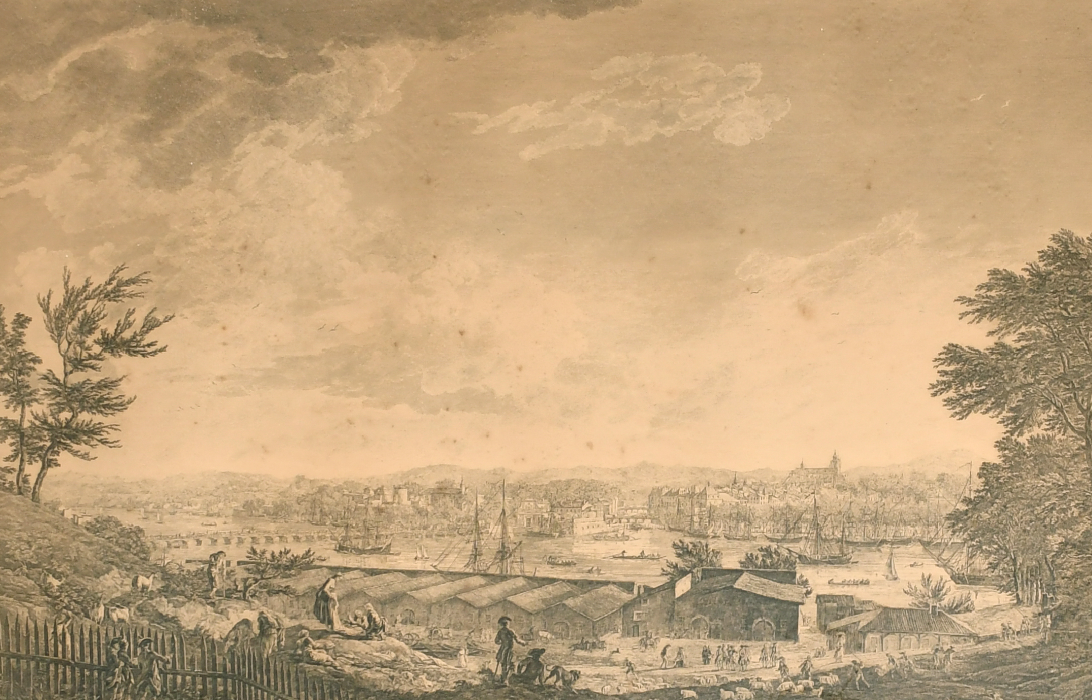 After Joseph Vernet (1714-1789) French. "Vue De La Ville et Du Port De Bayonne", Engraving, 18.5"