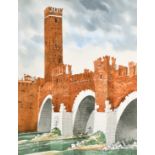 David Gentleman (1930- ) British. Ponte Scaligero, Verona", Watercolour, Signed, and Inscribed on