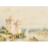 19th Century Scottish School. A River Landscape with Figures Fishing by a Castle, Watercolour, 8.75"