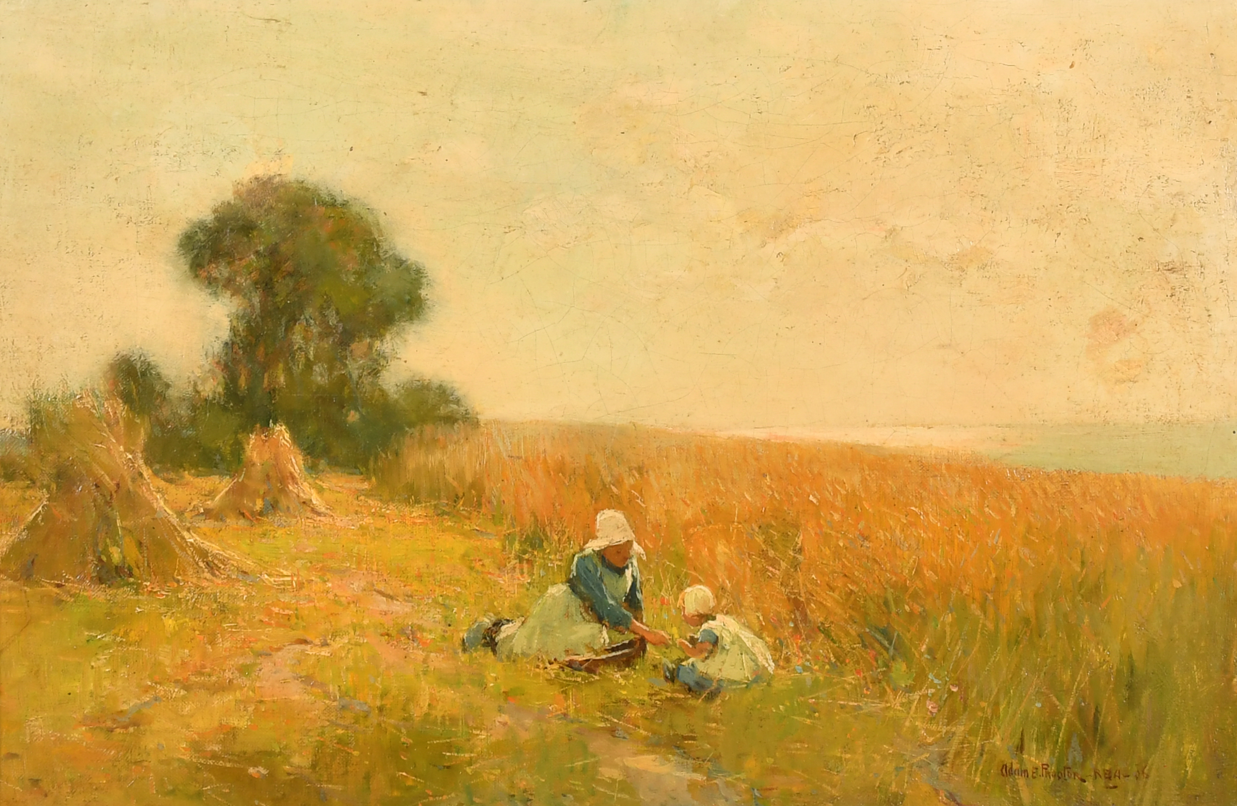 Adam Edwin Proctor (1864-1913) British. Children in a Corn Field, Oil on Canvas, Signed, Inscribed