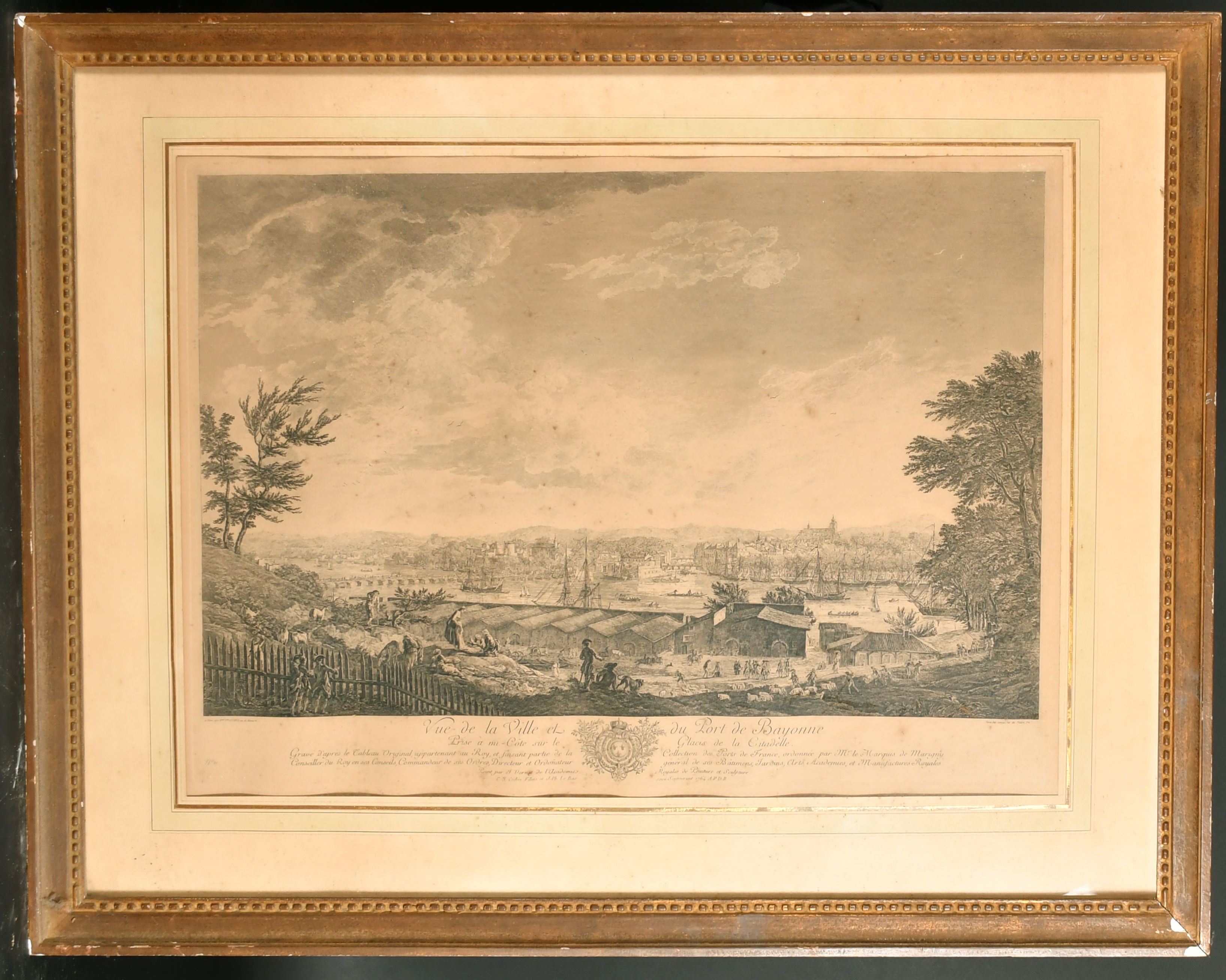 After Joseph Vernet (1714-1789) French. "Vue De La Ville et Du Port De Bayonne", Engraving, 18.5" - Image 2 of 4