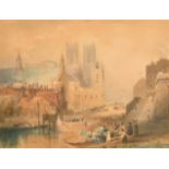 Early 19th Century English School. Figures disembarking at Westminster Abbey, Watercolour,