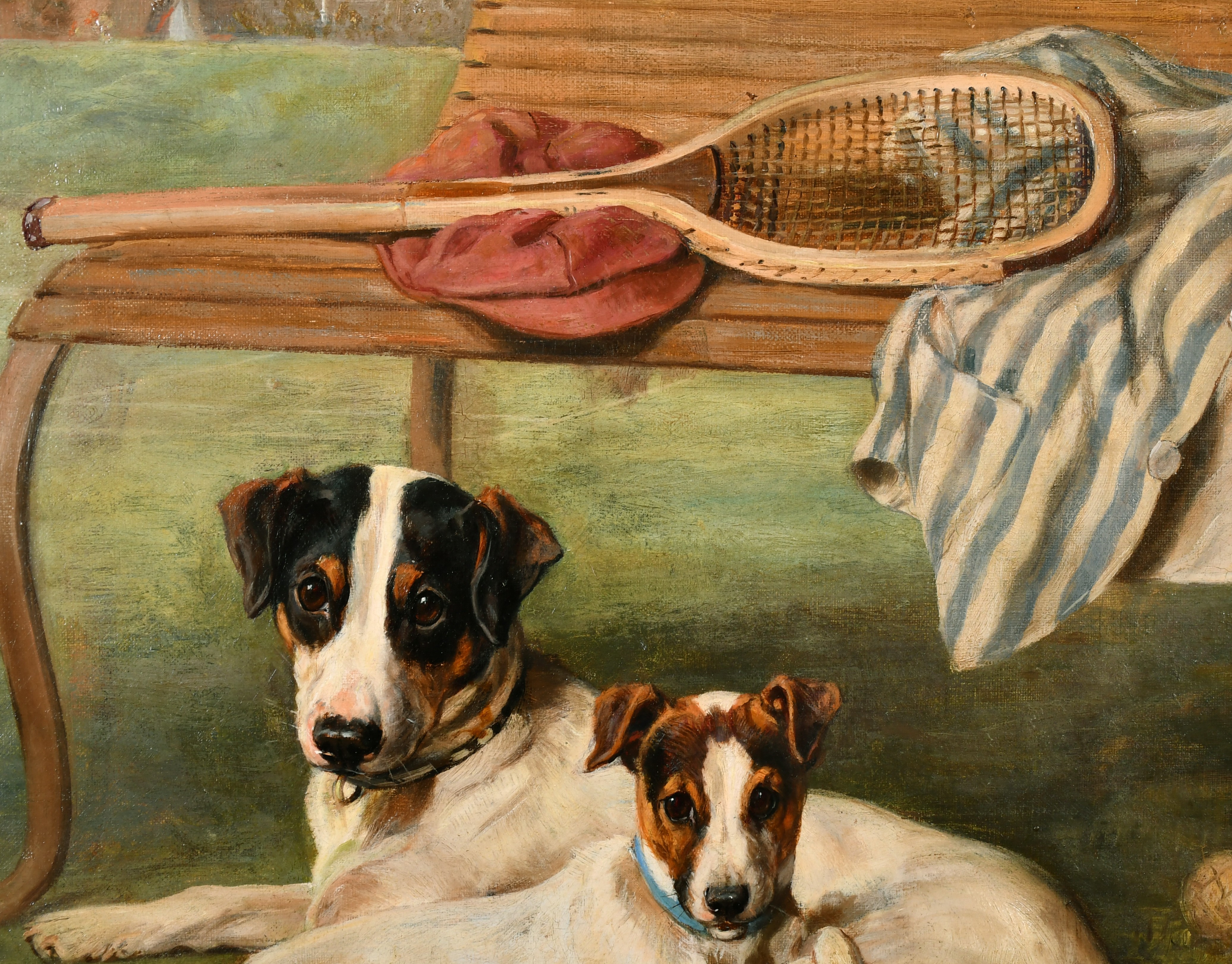 David Gourlay Steell (1819-1894) British. Terriers Resting by a Bench with Tennis Racquet and - Image 4 of 5