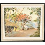 Alexander Sofronnof (1901-1948) Russian. "Ceylon Village Scene", Oil on Board, Signed, and Inscribed