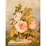 M.A. Fielding (19th Century) British. Still Life of Roses in a Glass Vase on a Ledge, Oil on