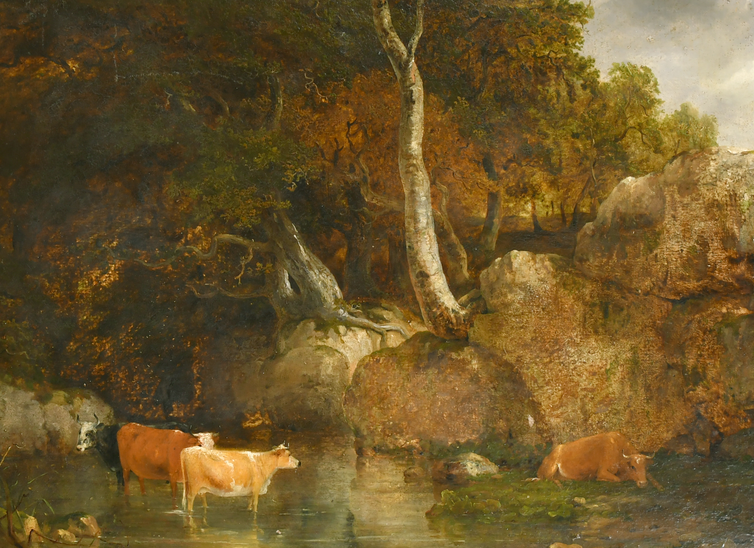 Circle of Thomas Gainsborough (1727-1788) British. Cattle in a Wooded River Landscape, Oil on Board,