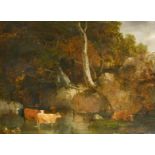 Circle of Thomas Gainsborough (1727-1788) British. Cattle in a Wooded River Landscape, Oil on Board,