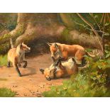 Alfred Duke (1836-1915) British. Fox Cubs at Play, Oil on Canvas, Signed, 15" x 20" (38 x 50.8cm)