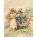 19th Century English School. Children Collecting Bracken, Watercolour, Signed with Initials FHH,