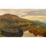19th Century English School. Barges in a River Landscape, Oil on Canvas, 18" x 30" (45.7 x 76.2cm)