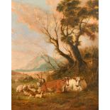17th Century Dutch School. Cattle and Sheep Resting under a Tree, Oil on Panel, Signed with Initials