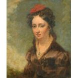 Early 19th Century French School. A Bust Portrait of a Lady wearing a Red Hat, Oil on Canvas, 6.