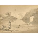 Samuel Prout (1783-1852) British. Figures in a Boat on a Lake, Watercolour and Sepia, 7.5" x 10.