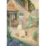 David Woodlock (1842-1929) British. A Girl in a Kitchen Garden, Watercolour, Signed, 9.25" x 6.5" (