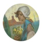 19th Century Dutch School. A Girl Holding a Pitcher, Pastel, Circular, 13.5" x 13.5" (34.32 x 34.