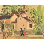 Lucy Morison (20th Century) Malaysian. A Village Scene in Sarawak with Figures in the foreground,