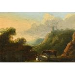 18th Century English School. A Classical Landscape with Cattle, Oil on Canvas laid down, 5" x 7.