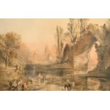 19th Century English School. A River Scene with Figures in the foreground, Watercolour (possibly