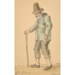 Christina Chalon (1748-1808) French. Man Walking with a Stick, Watercolour and Ink, Signed, 4.75"