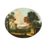 Late 18th Century English School. Figures in a Classical Landscape, Oil on Board, Oval 8.5" x 10.75"