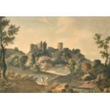 18th Century English School. Figures in a Landscape with a Castle beyond, possibly Goodrich