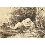 Circle of Henry Fuseli (1741-1825) British. A Reclining Lady by the Water's Edge, Ink, 6.25" x 9.25"