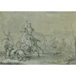 18th Century European School. A Battle Scene, Watercolour and Wash on blue paper, Signed with